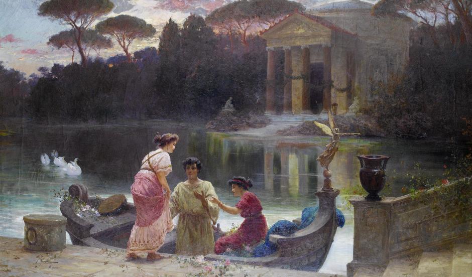 Tarde en el templo, pintura de Ettore Forti