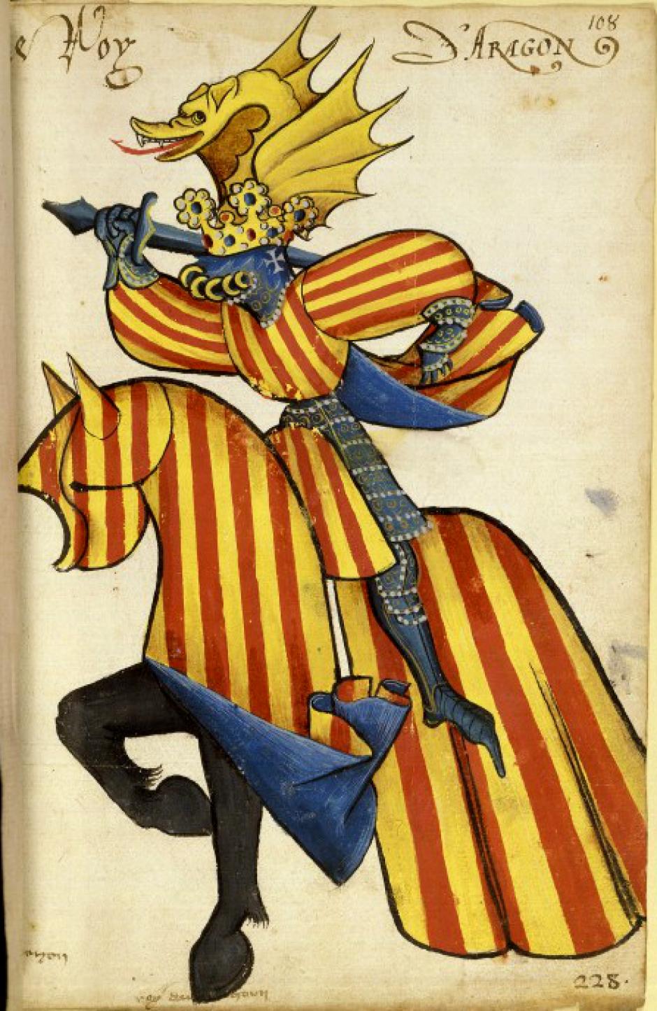 Representación heráldica ecuestre del Rey de Aragón en el Armorial ecuestre del Toison de Oro, 1433-1435