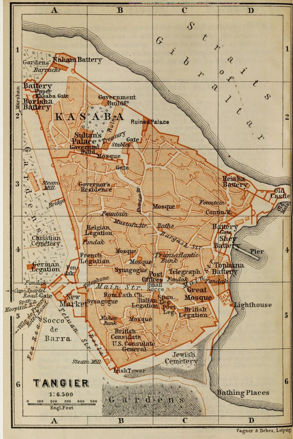 Mapa de Baedeker de Tánger en 1901, que muestra la Medina amurallada y múltiples consulados y legaciones extranjeros