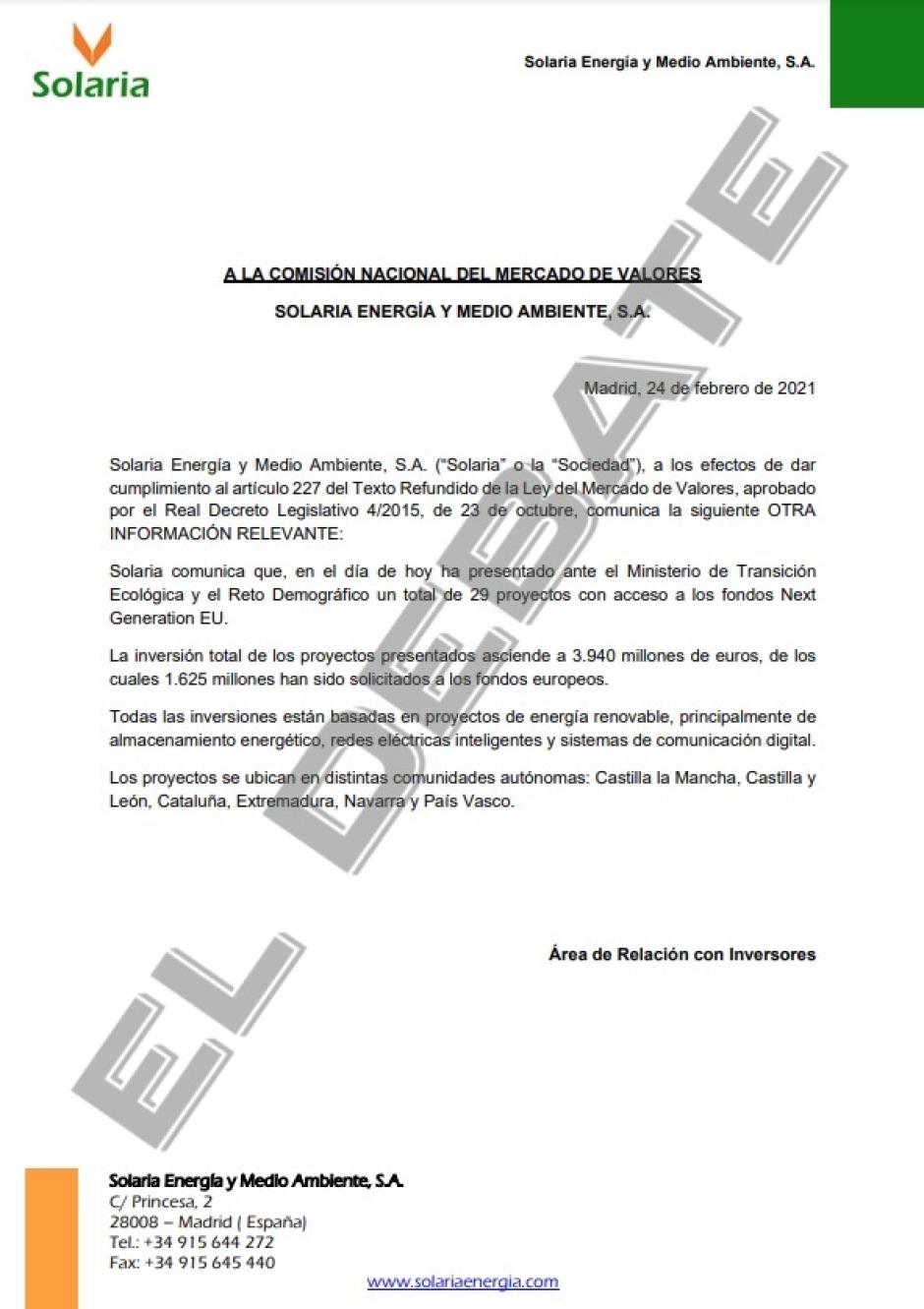 Petición de Solaria de 1.625 millones de euros al Ministerio de Transición Ecológica