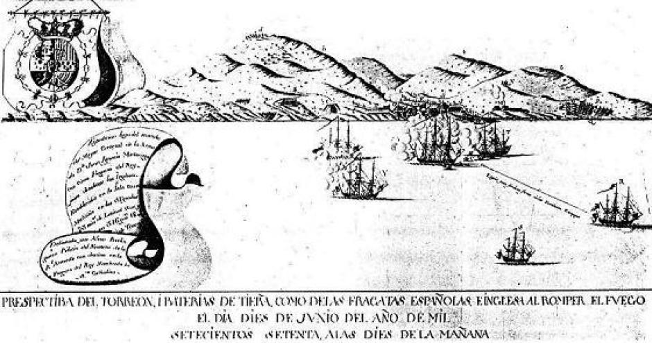 Batalla de las Malvinas entre las fuerzas al mando de Juan Ignacio de Madariaga Aróstegui y las inglesas en junio de 1770. Grabado de la época