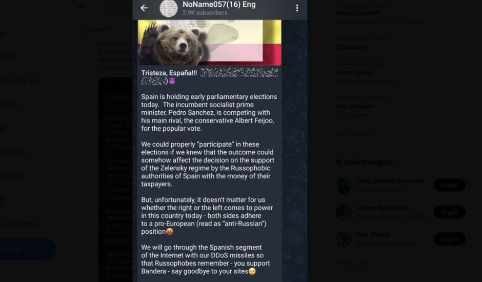 Amenazas del grupo a través de su canal de Telegram
