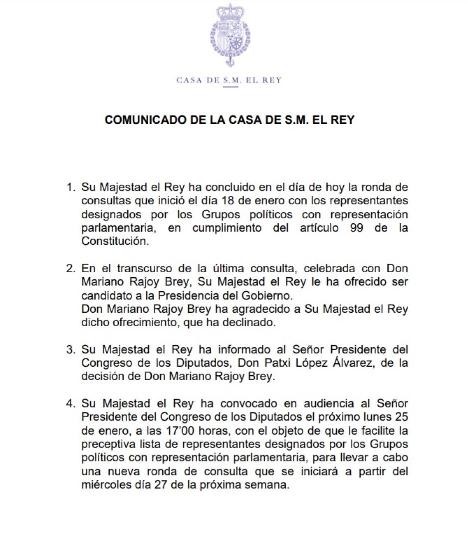 El histórico comunicado de la Casa del Rey tras la negativa de Rajoy