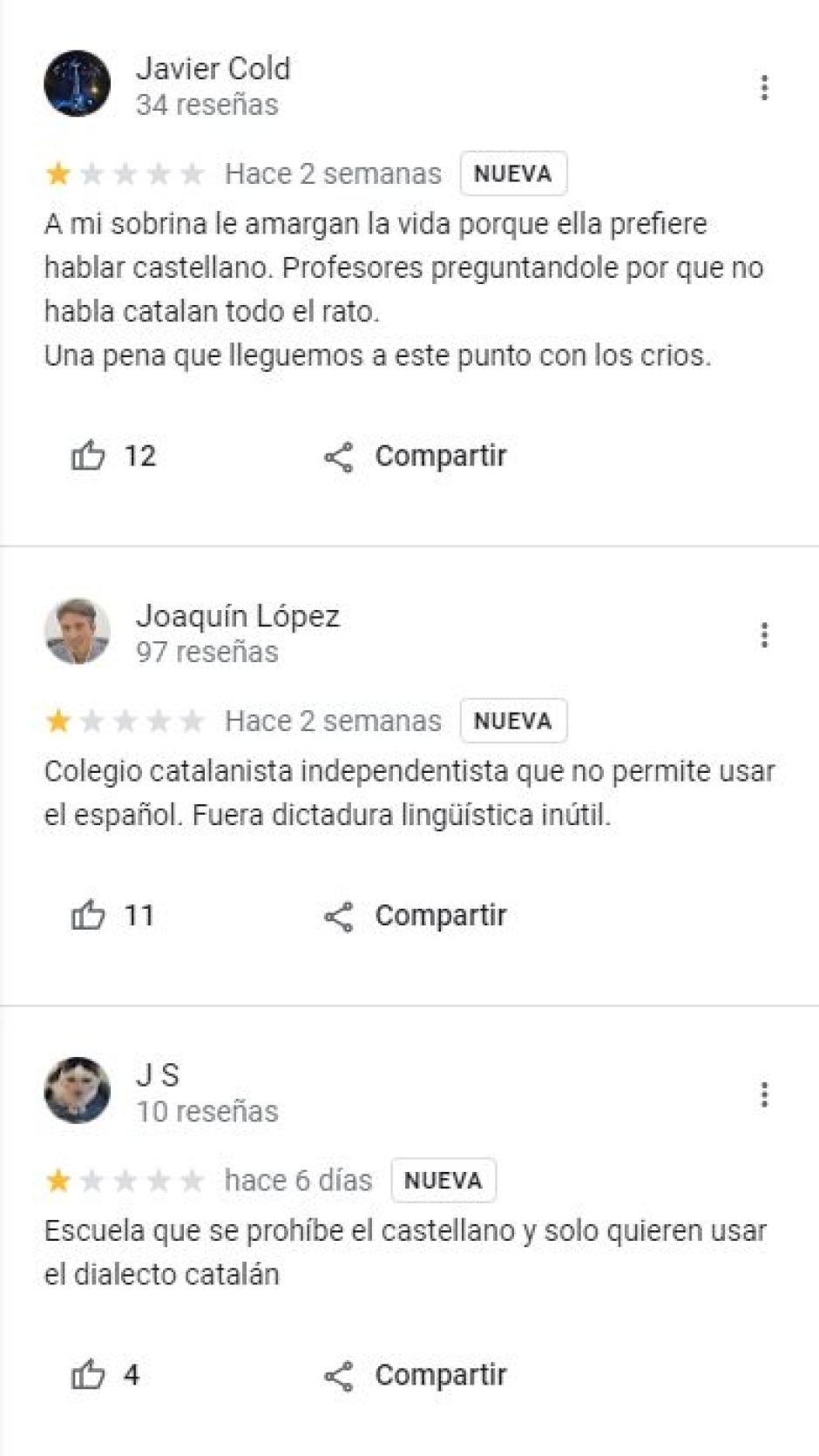 Varias reseñas en Google denunciando lo que ocurre en la Joan Juncadella