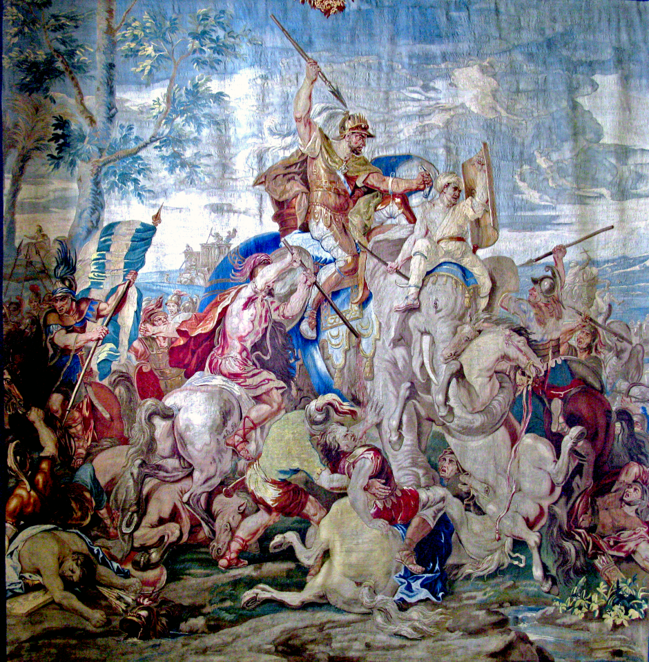 La batalla de Gaugamela se ilustra en este tapiz, basado en una pintura del artista francés del siglo XVII Charles Le Brun (1619-90).
