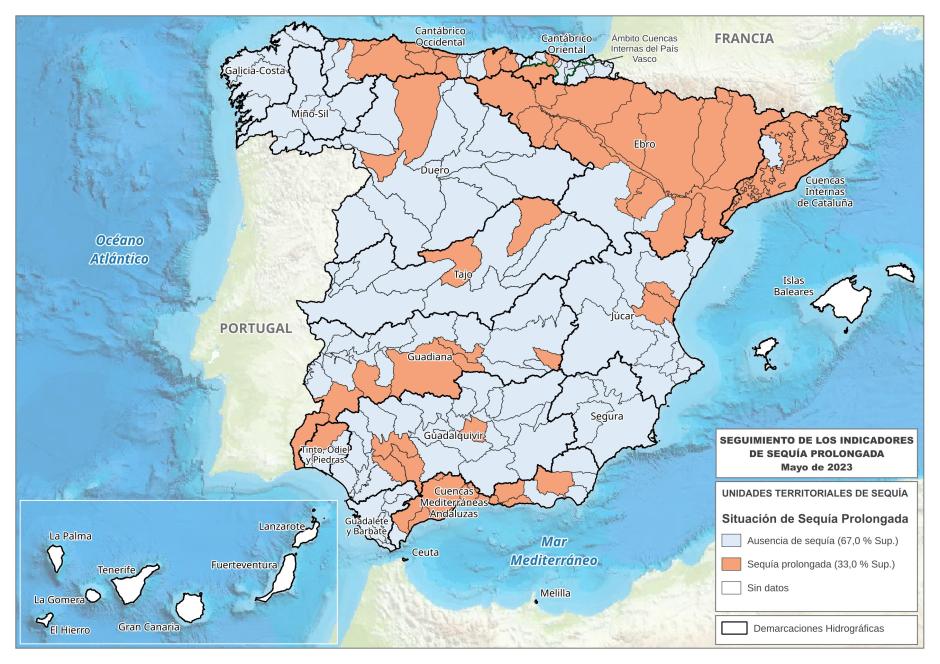 Mapa indicadores sequía prolongada a fecha 31/5/2023