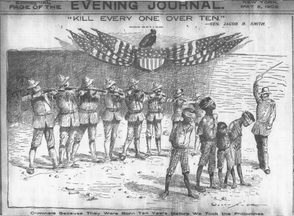 Imagen de prensa mostrando la infame orden dada por el general Smith «MATAD A LOS MAYORES DE DIEZ (años)» New York Journal, 5 de mayo de 1902