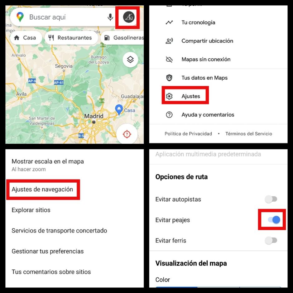 Opción para evitar peajes en Google Maps