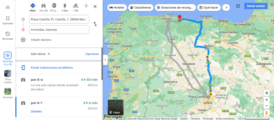 Mismo viaje y misma ruta en un coche de combustible que consume 6 litros a los 100 km