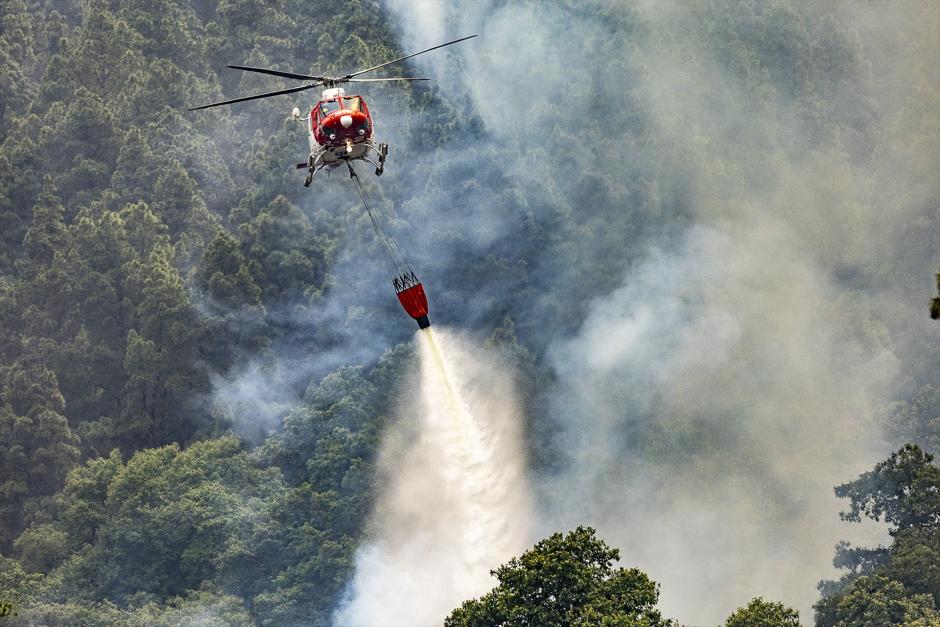 Un hidroavión trabaja en la extinción del incendio forestal,