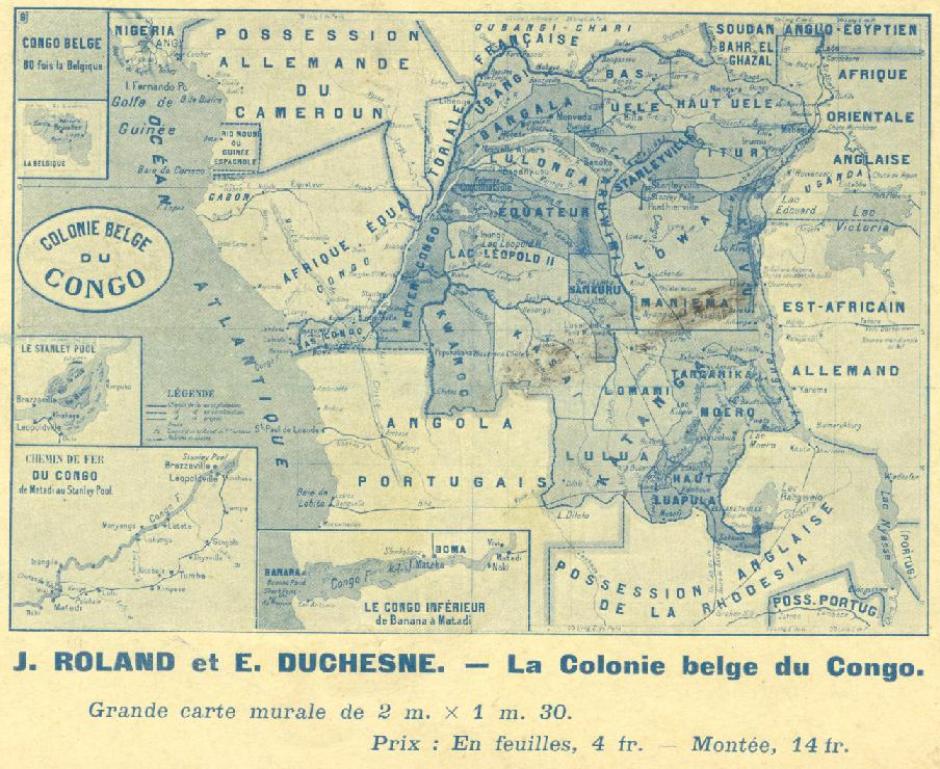 El territorio del Estado Libre del Congo (mapa realizado en 1914, con posterioridad a la cesión del Congo a Bélgica)