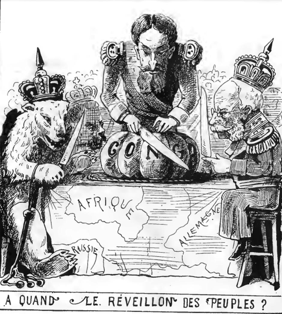 Viñeta que representa a Leopoldo II y otras potencias imperiales en la Conferencia de Berlín de 1884