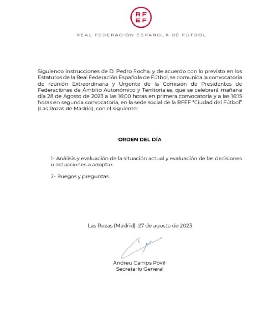 La RFEF convoca una reunión extraordinaria para este lunes a las 16 horas.