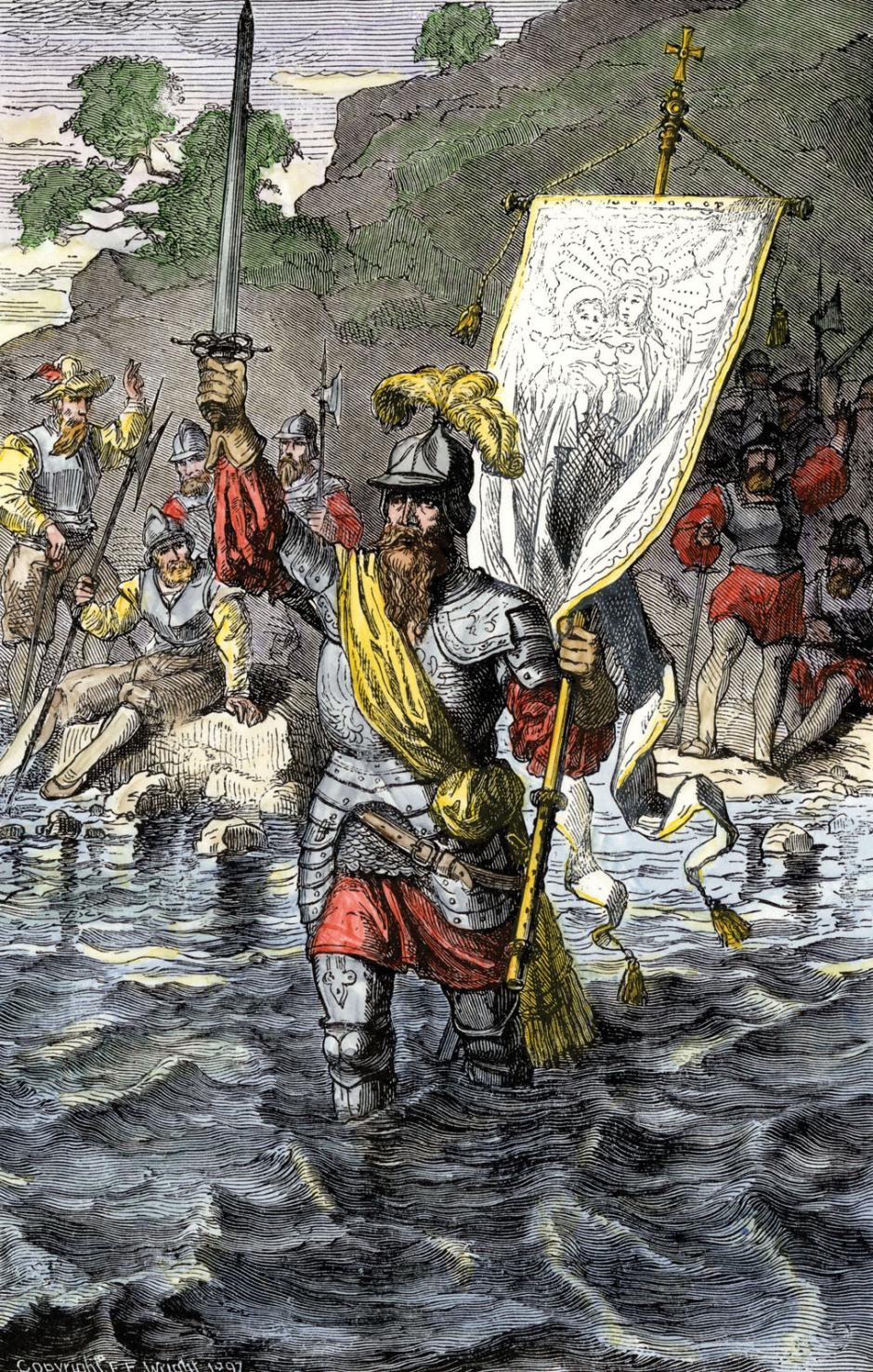 Vasco Núñez de Balboa reclamando el océano Pacífico para España en 1513 junto a sus soldados