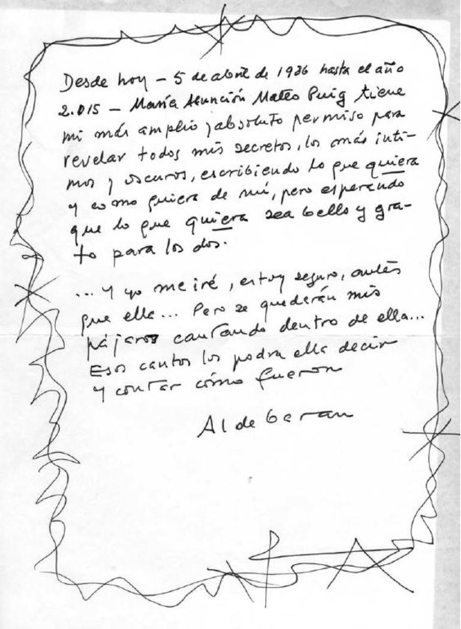 Carta manuscrita en la que Rafael Alberti le da permiso a María Asunción Mateo para que cuente su historia