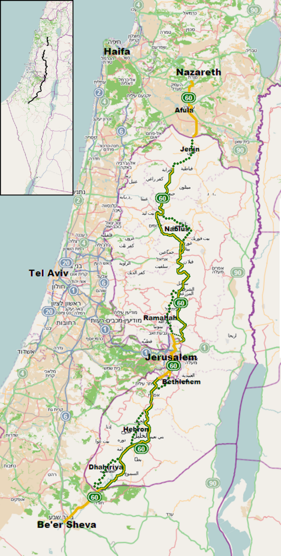 Mapa de la actual autopista 60, desde Nazaret hasta Beerseba