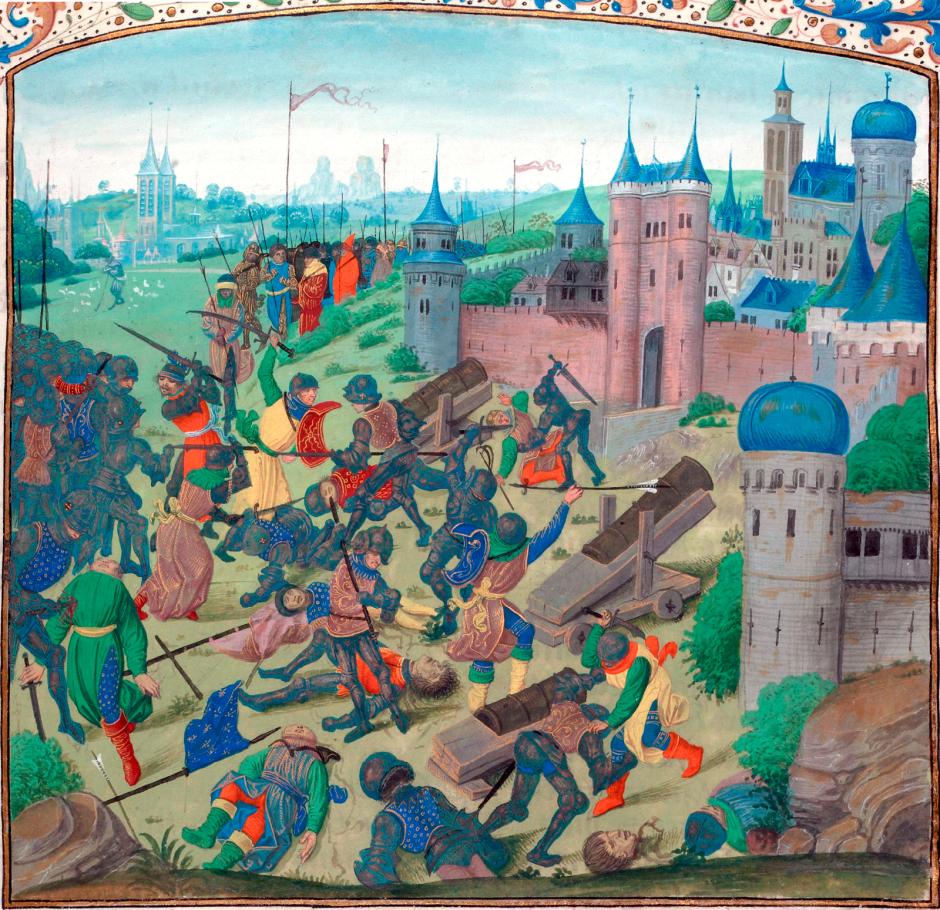 La batalla de Nicópolis, miniatura del Maestro del Libro de Oraciones de Dresde , de las Crónicas de Jean Froissart