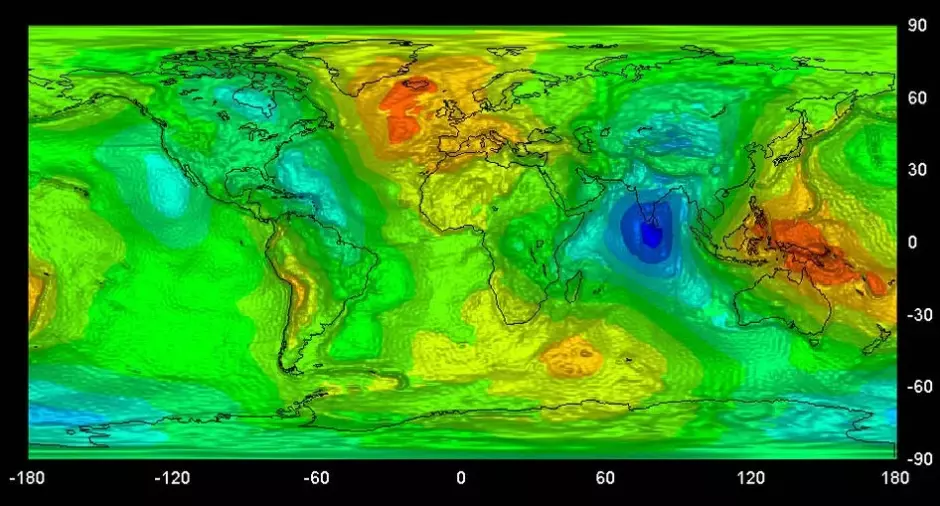 Primer mapa global del campo gravitatorio obtenido por la misión del Explorador de la Circulación Oceánica y de la Gravedad (GOCE, en su acrónimo inglés)
