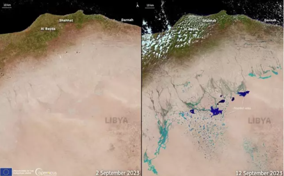 Lagos en el desierto de Libia provocados por la tormenta Daniel