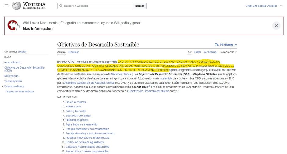 Imagen de las frases que un usuario ha colado en la Wikipedia de los Objetivos de Desarrollo Sostenible