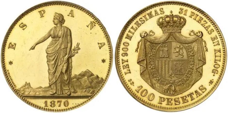 Moneda de 100 pesetas fabricada en 1870