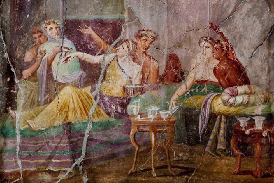 Casa de los castos amantes, mosaico de Pompeya, con el morado imperial romano