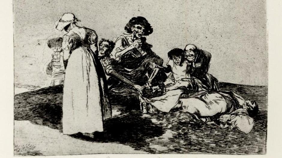 Grabado de una escena de la Guerra de Independencia titulado «Lo peor es pedir», de Goya