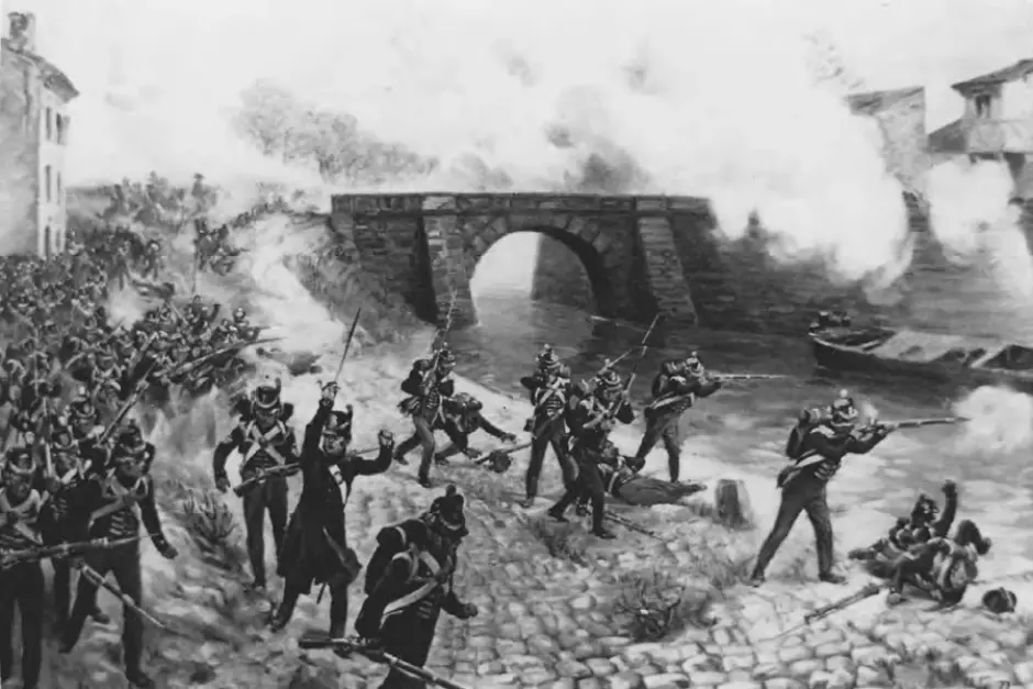 Las infanterías británica y francesa combaten en el canal de Languedoc durante la Batalla de Toulouse. Autor: H.L. Dupray