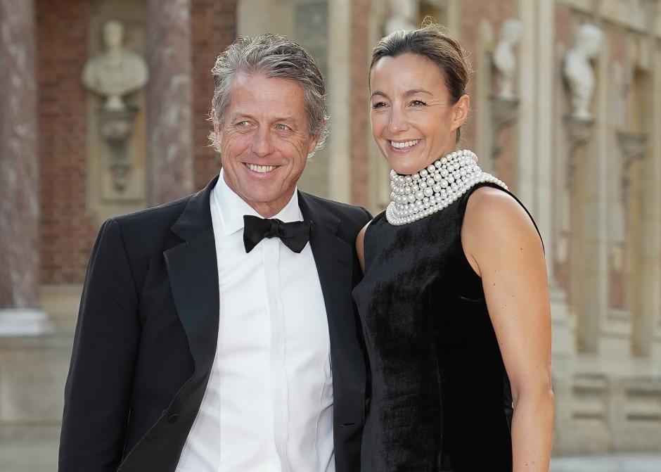 Actor Hugh Grant and Anna Elisabet Eberstein attending a state dinner in honor of Britain'sKing in Versailles, near Paris, France, September 20, 2023.