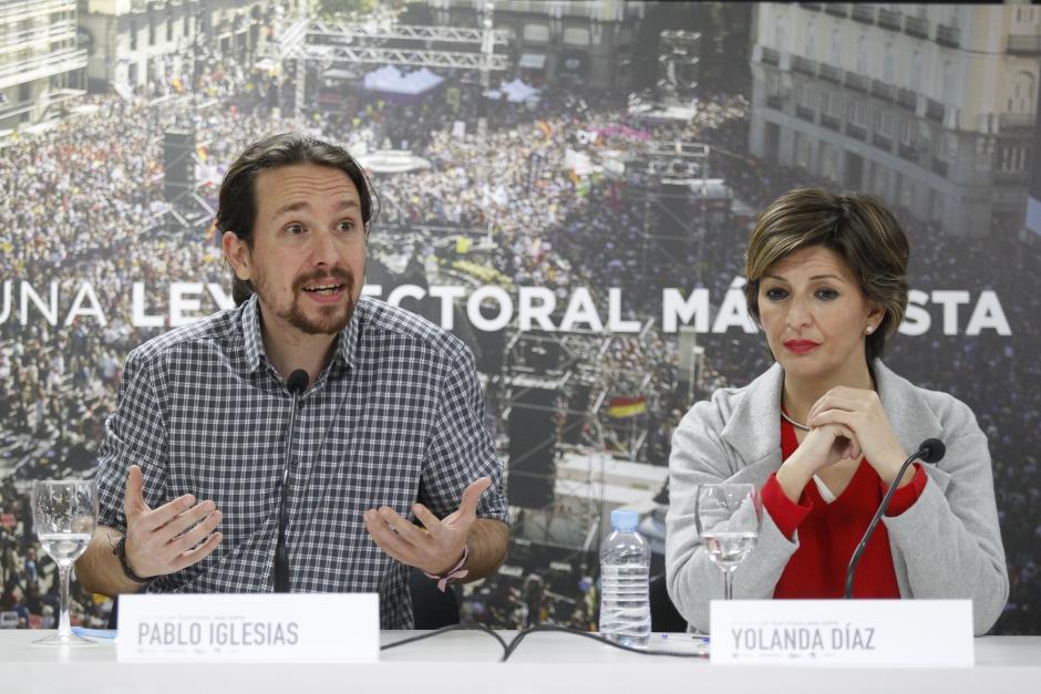 Pablo Iglesias and Yolanda Diaz during  a meeting for the change of the Spanish Electoral Law, in Madrid, on Wednesday 7, February 2018.