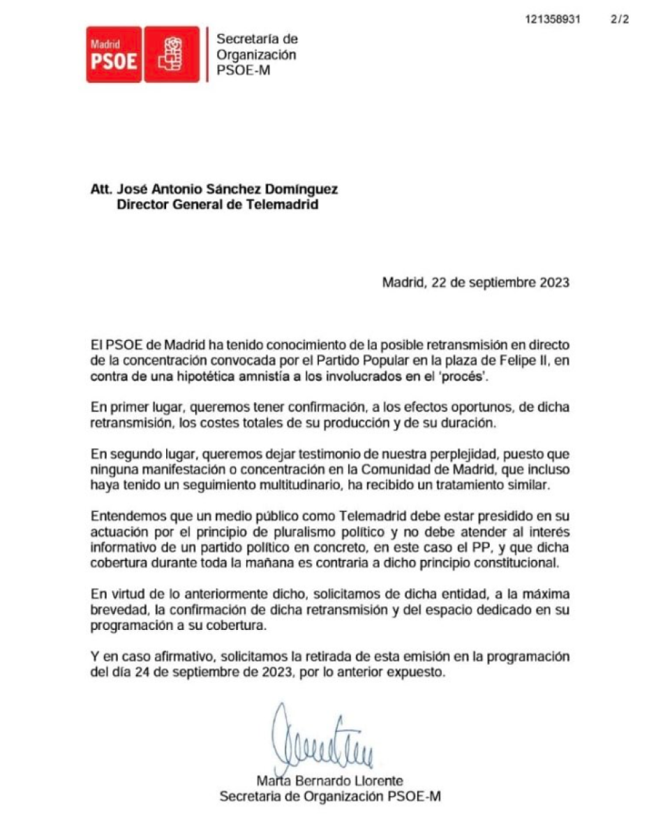 Burofax del PSOE a Telemadrid