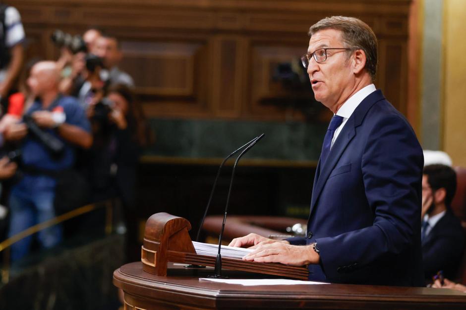 El presidente del PP y candidato a la presidencia del Gobierno, Alberto Núñez Feijóo, durante su intervención