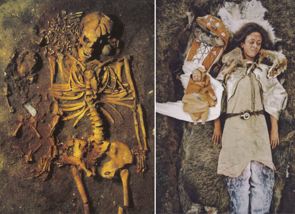 Enterramiento prehistórico hallado en 1975 Vedbaek, Dinamarca, de una joven madre con su bebé prematuro, datado en el 4000 a.C.