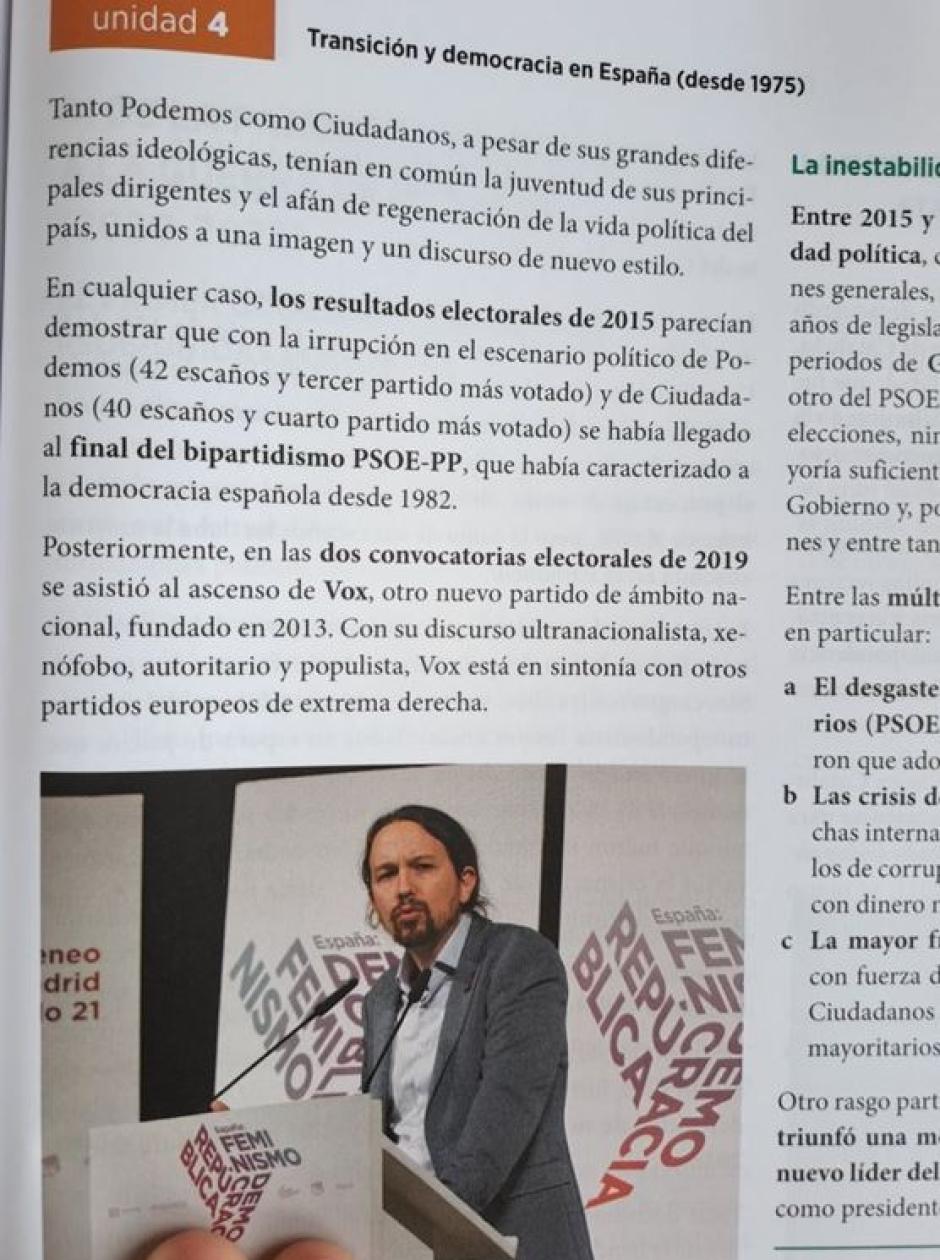 Un libro de texto habla en estos términos de Podemos y de Vox