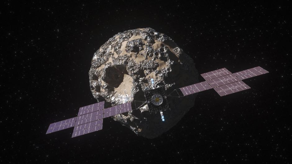 La nave Psyche de la NASA acercándose al asteroide homónimo