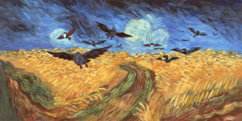 Corviknight inspirado por el cuadro Campo de trigo con cuervos, de Van Gogh, por el artista Naoyo Kimura