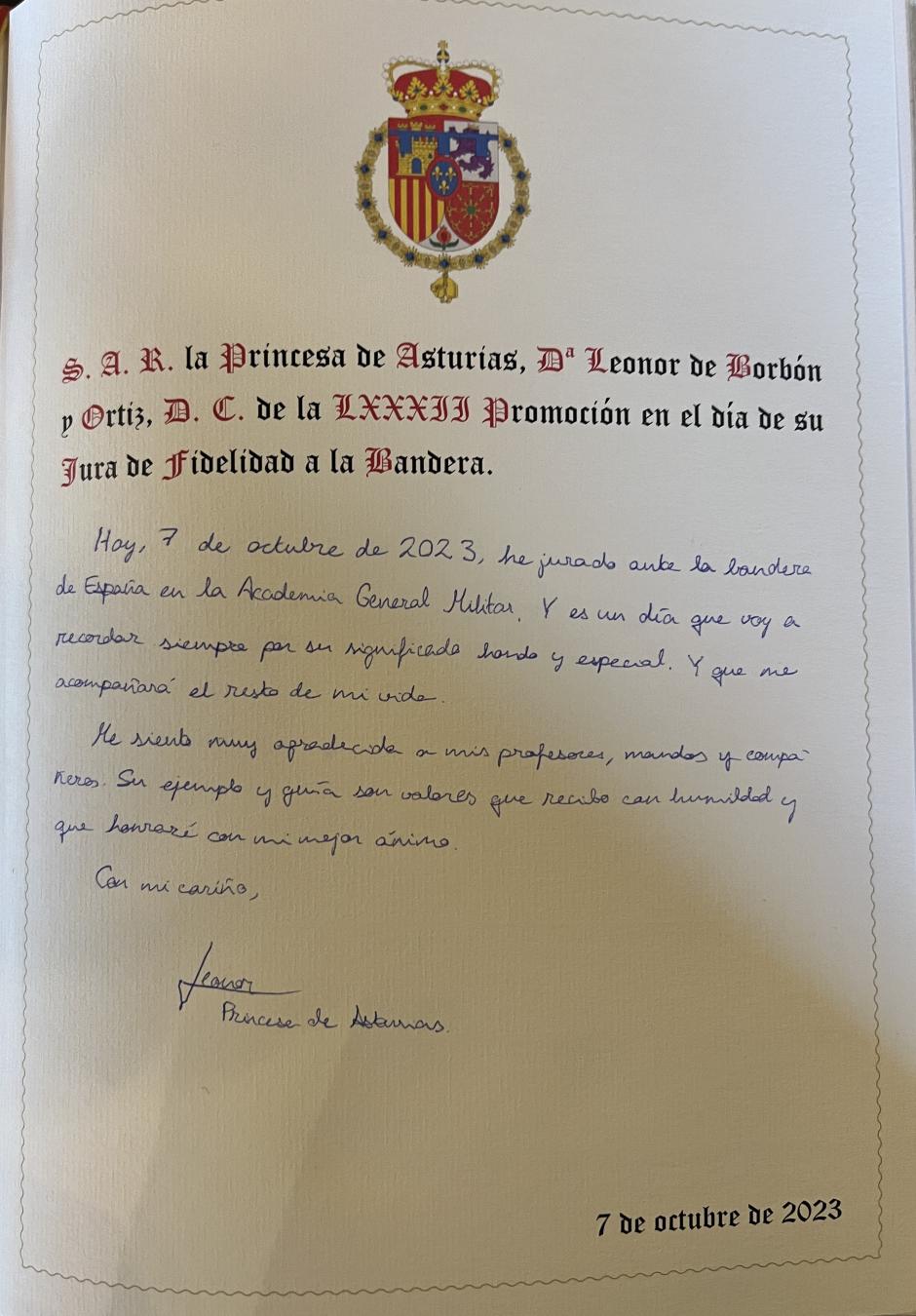 Mensaje de la Princesa Leonor en el Libro de Honor de la Academia General Militar