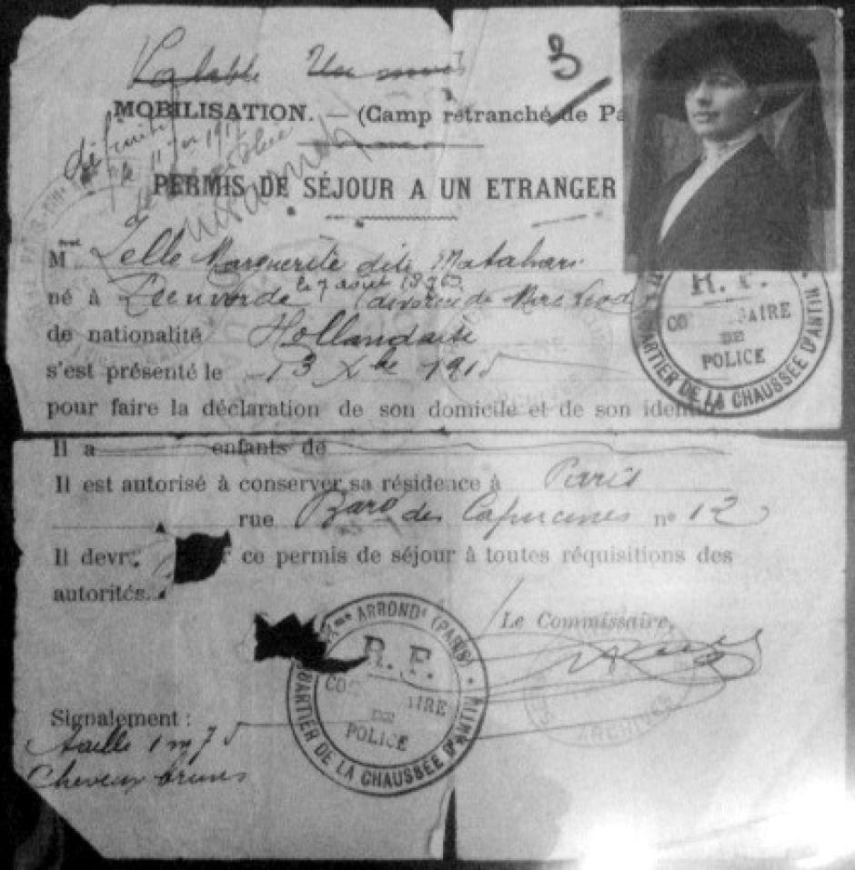 Permiso de residencia de Mata Hari en París