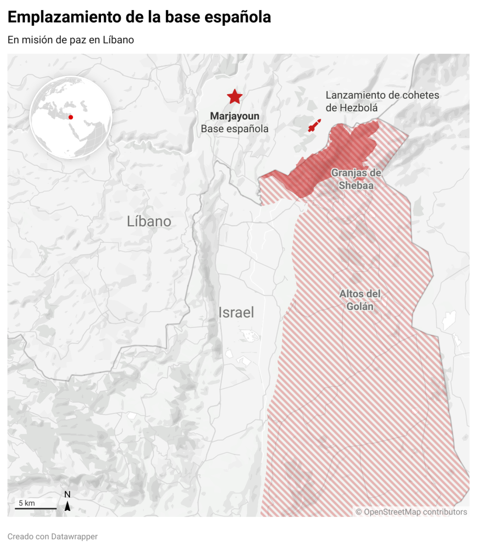Mapa sobre la situación de la base española en el Líbano y los ataques de Hezbolá