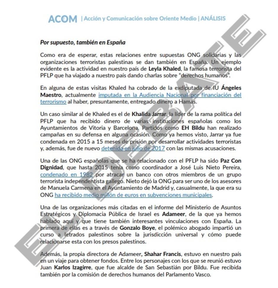 Dossier de ACOM sobre los centros palestinos próximos a Gaza que operan en España