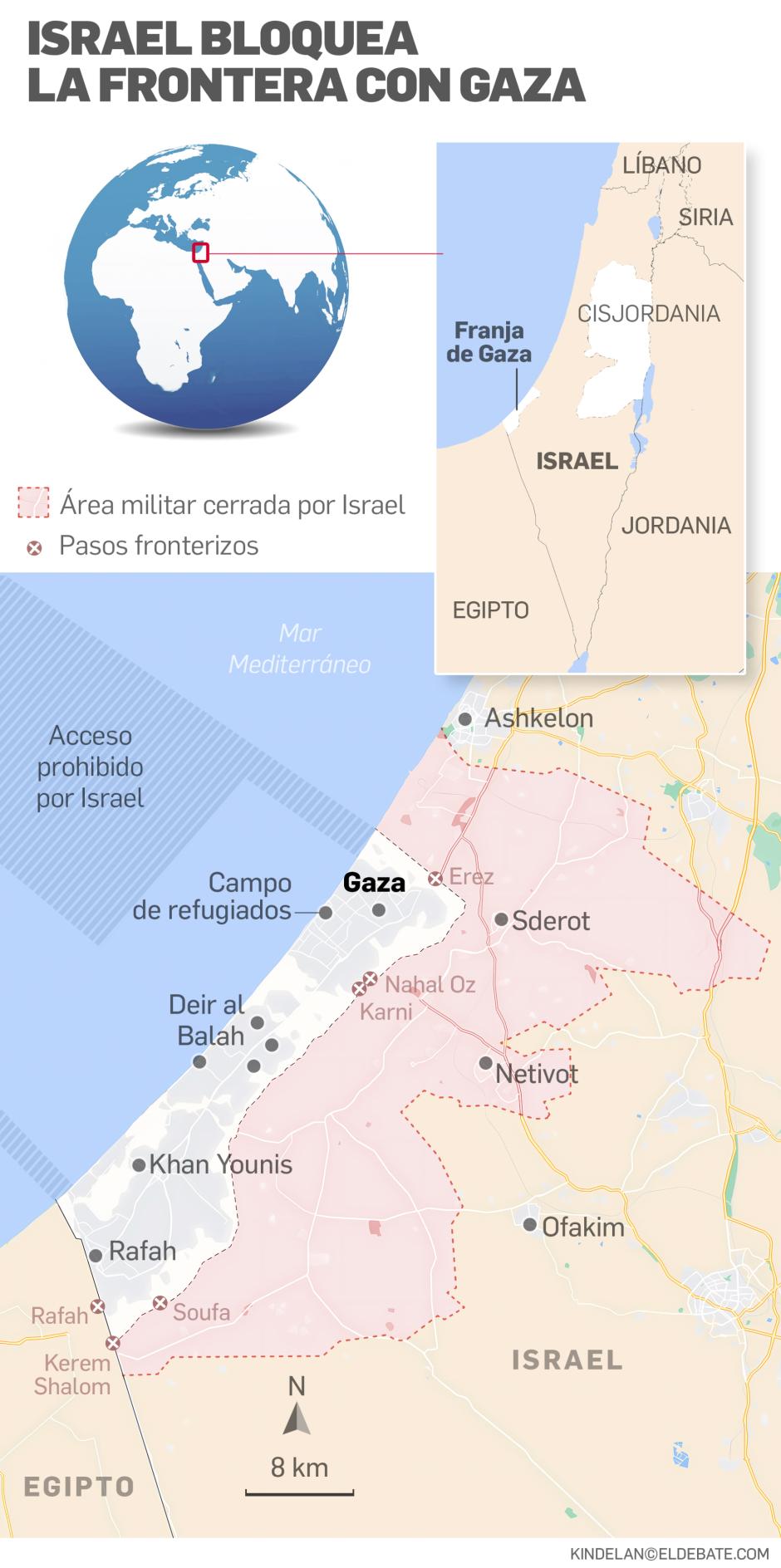 Mapa sobre la situación en Israel y la Franja de Gaza