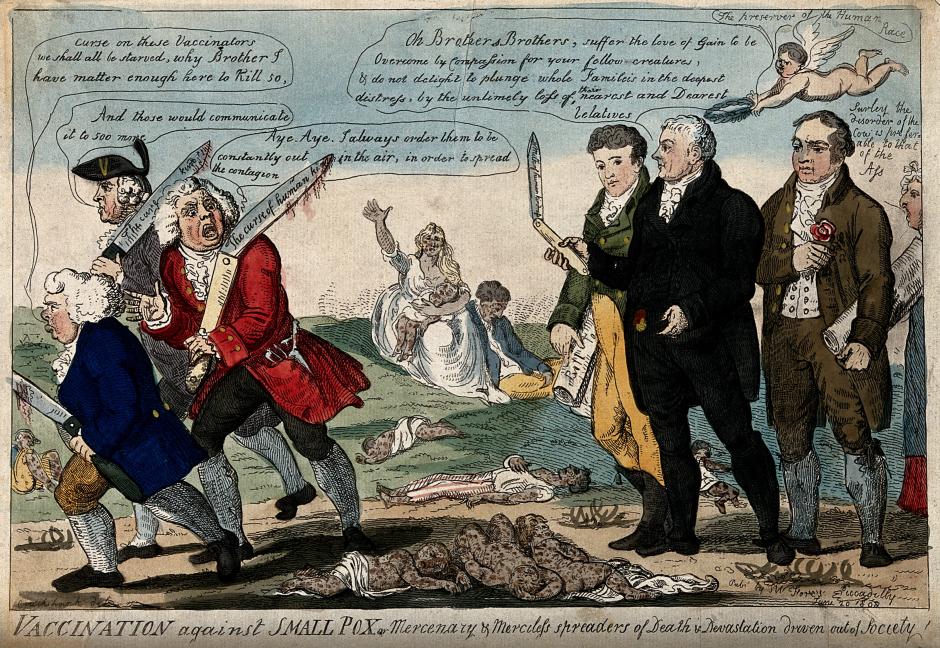 Caricatura que muestra a Edward Jenner, Thomas Dimsdale y George Rose rechazando oponentes a la vacunación