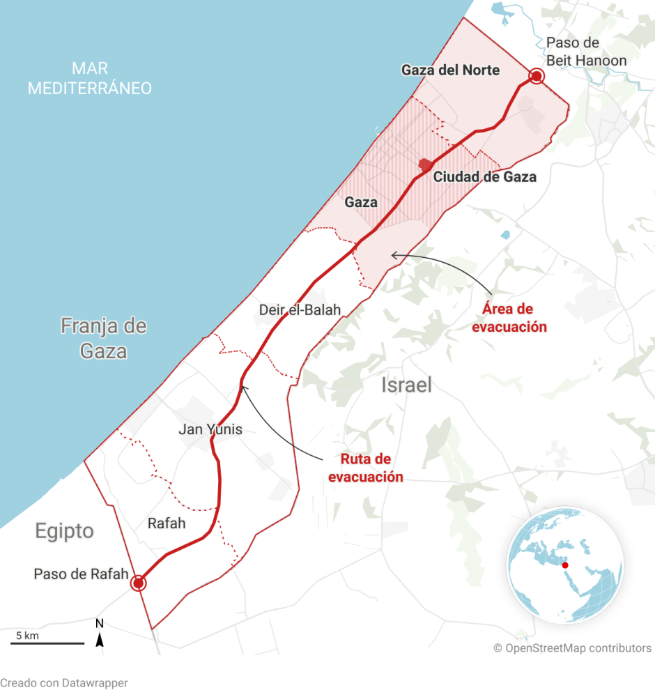 Mapa de la Franja de Gaza con la frontera marcada en el corredor humanitario de Egipto