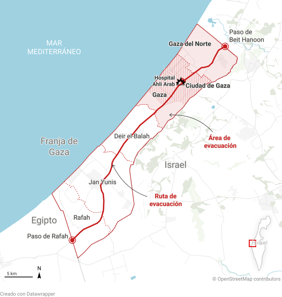 Mapa: ubicación del hospital Al Ahli de Gaza