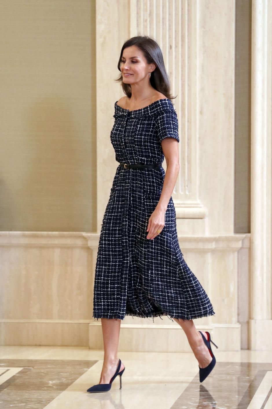 Spanish Queen Letizia Ortiz during a royal audience in Madrid on Tuesday ,16 July 2019.
en la foto : vestido de la firma " Zara "