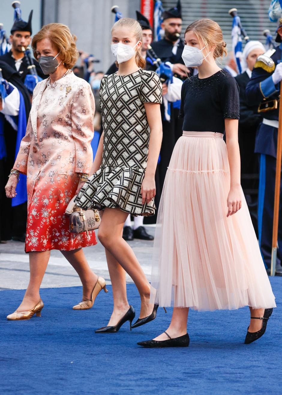 Princess of Asturias Leonor of Borbon , Infant Sofia de Borbon and Spanish Queen Sofia of Greece during the Princess of Asturias Awards 2021 in Oviedo, on Friday 22 October 2021.