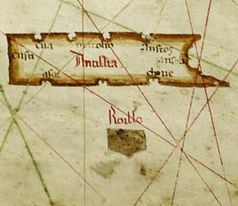 Parte del antiguo mapa realizado por Albino de Canepa, que muestra las islas fantasma Antillia y Roillo