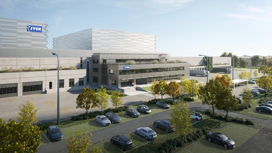 Imagen en 3D del centro logístico proyectado por Jysk en Países Bajos, similar al de Almenara