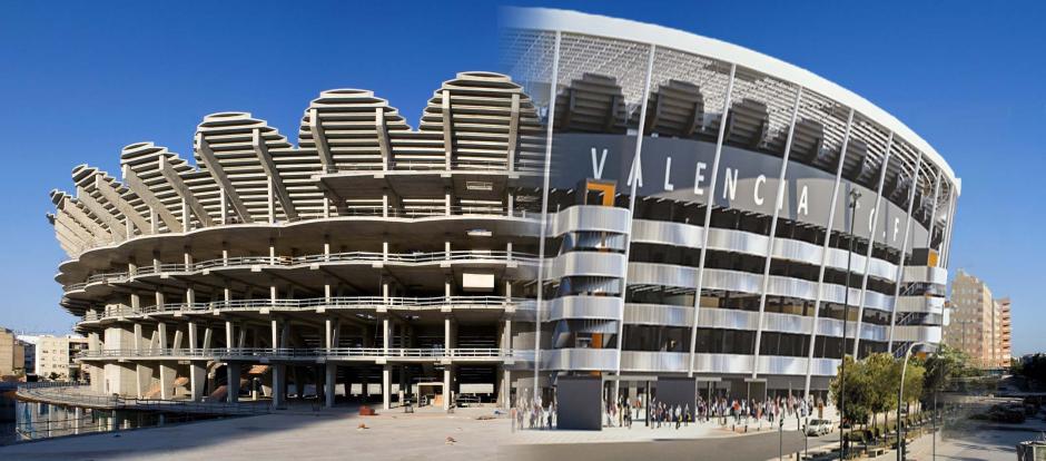 Montaje que muestra cómo están las obras del Nuevo Mestalla y el resultado que se espera