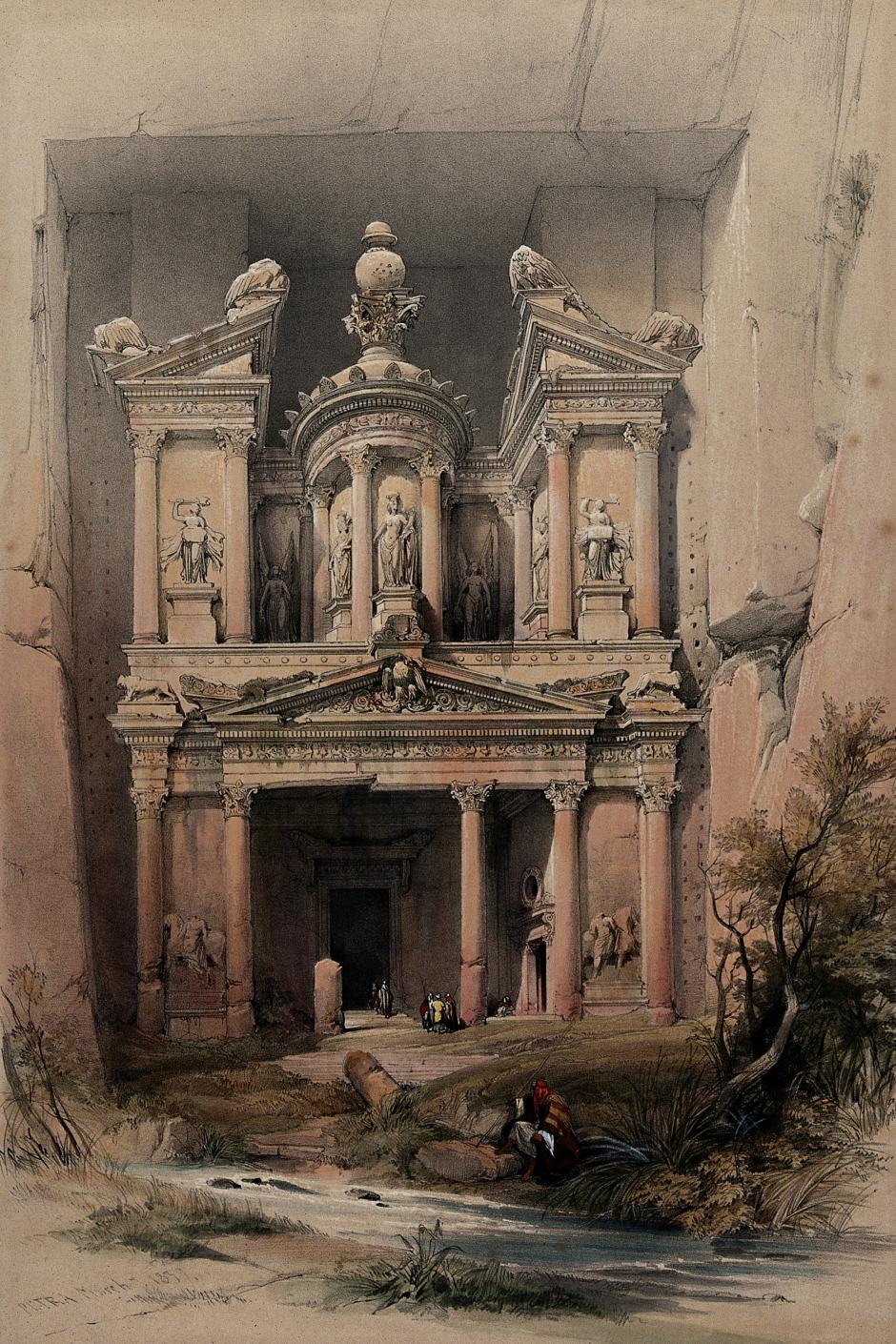 Litografía de Louis Haghe representando Al-Khazneh, tallada en roca por los nabateos en su capital, Petra